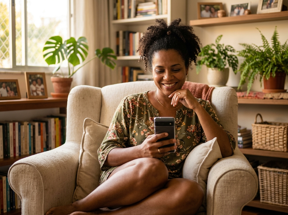 Mãe sorrindo em casa com celular